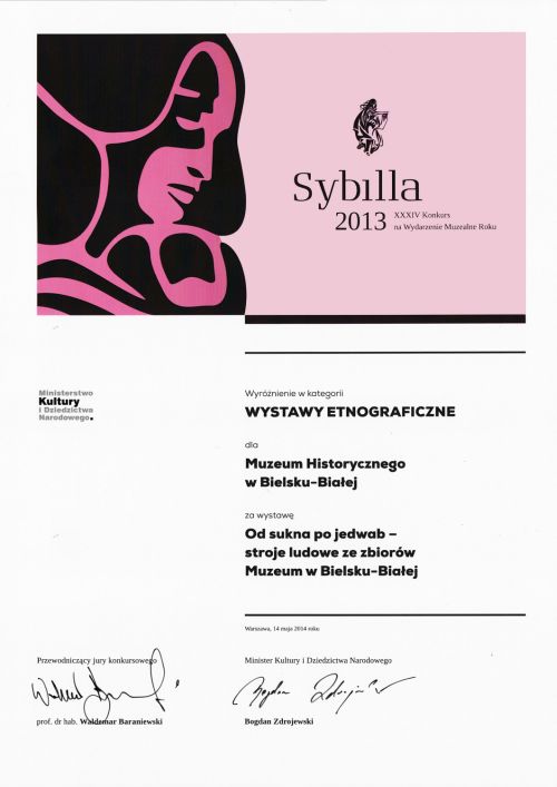 Dokument potwierdzający wyróżnienie wystawy w konkursie Sybilla